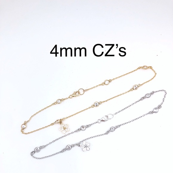 CZ Flower Anklet CZ Chain 9” or 10” Silver/ Gold - Picture 5 of 6